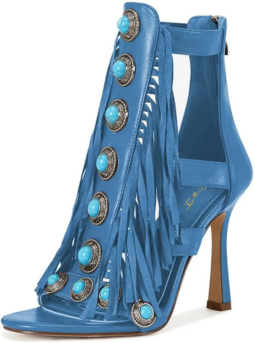 FOWT Women Open Toe Tassel Sandals Studs Stiletto High Heels Back Zipper Fashion Party Club Casual Shoes Size 4-16 US