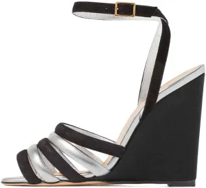 FOWT Women Peep Toe Contrast Stitching Sandals Ankle Strap Wedge High Heels Elegant Dance Evening Shoes Size 4-15 US
