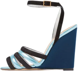FOWT Women Peep Toe Contrast Stitching Sandals Ankle Strap Wedge High Heels Elegant Dance Evening Shoes Size 4-15 US