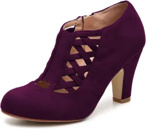 FOWT Women Retro Cutout Ankle Boots Slip On Pumps Round Toe Chunky Block Thick Mid Heel Short Booties Elastic Strappy Suede Side Zipper Shoes for Ladies Girls Dress Jeans Party Full Size 4-15 M US