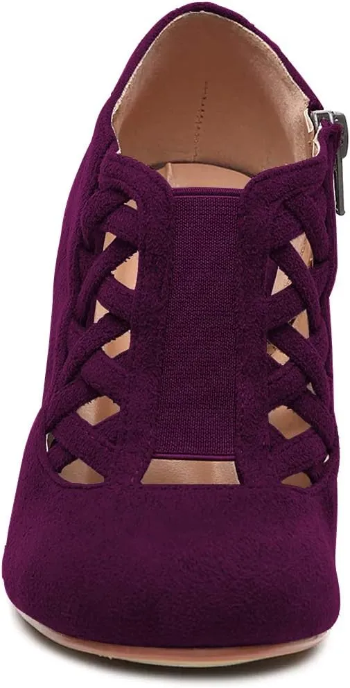 FOWT Women Retro Cutout Ankle Boots Slip On Pumps Round Toe Chunky Block Thick Mid Heel Short Booties Elastic Strappy Suede Side Zipper Shoes for Ladies Girls Dress Jeans Party Full Size 4-15 M US