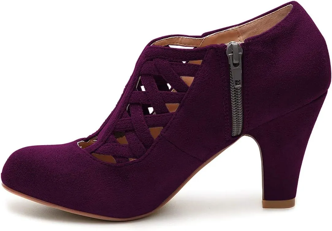 FOWT Women Retro Cutout Ankle Boots Slip On Pumps Round Toe Chunky Block Thick Mid Heel Short Booties Elastic Strappy Suede Side Zipper Shoes for Ladies Girls Dress Jeans Party Full Size 4-15 M US