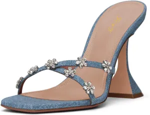 FOWT Women Square Open Toe Mules Slip on Block High Heel Slippers Rhinestone Studded Sandals Dressy Party Shoes Size 4-16 US