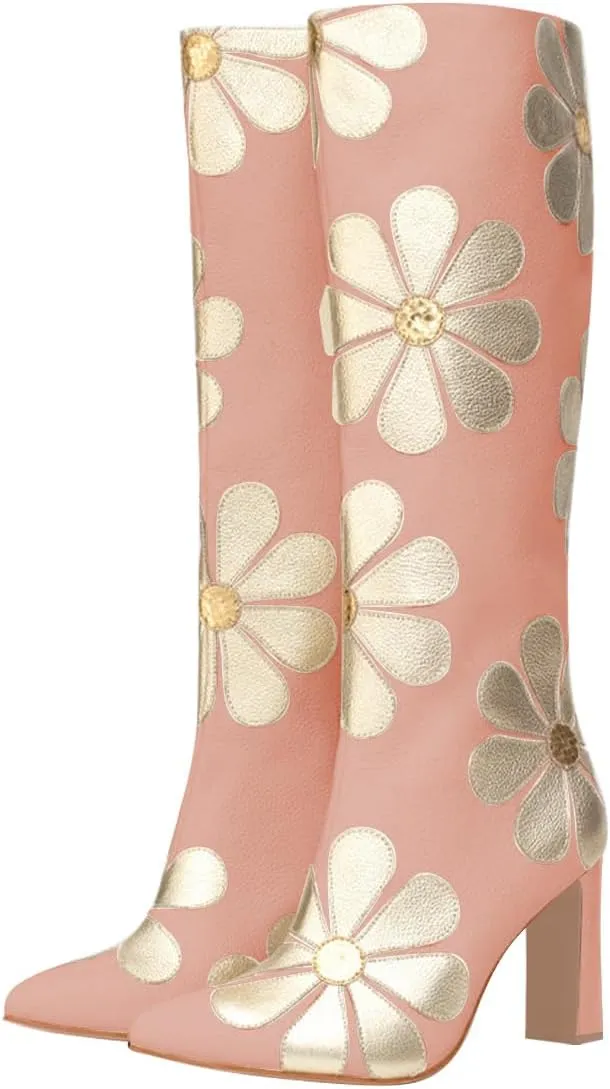 FSJ Women Bridal Knee High Boots Pointed Toe Chunky High Heel Side Zipper Cute Daisy Flowers Heeled Tall Boot Versatile Date Shoes Size 4-16 US