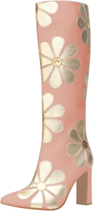 FSJ Women Bridal Knee High Boots Pointed Toe Chunky High Heel Side Zipper Cute Daisy Flowers Heeled Tall Boot Versatile Date Shoes Size 4-16 US