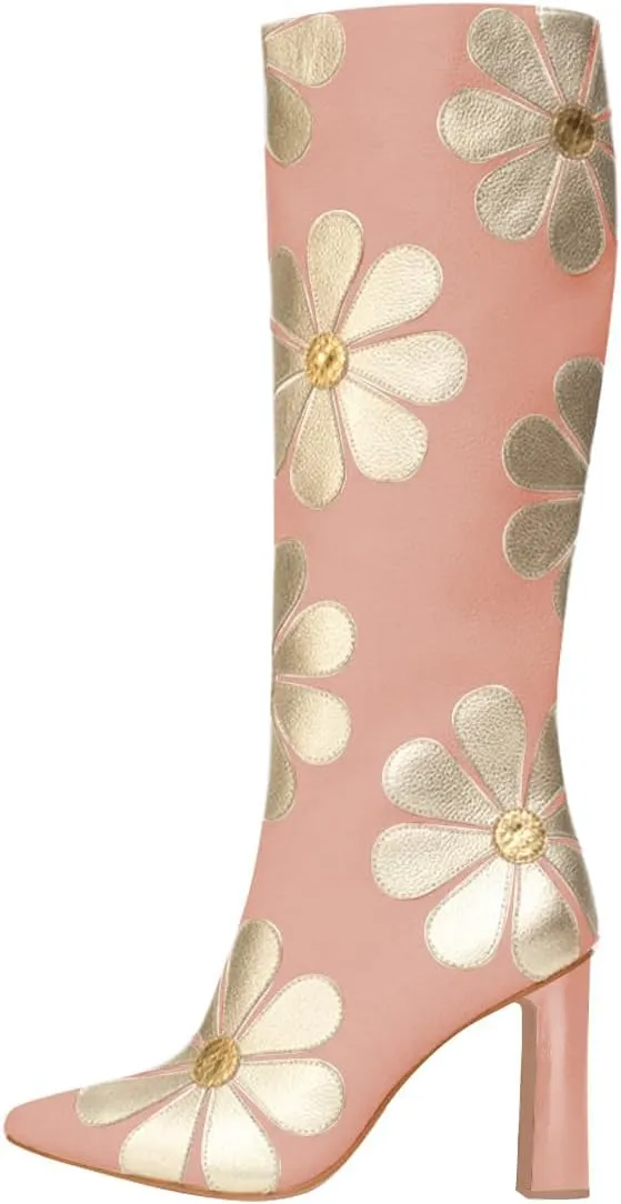 FSJ Women Bridal Knee High Boots Pointed Toe Chunky High Heel Side Zipper Cute Daisy Flowers Heeled Tall Boot Versatile Date Shoes Size 4-16 US