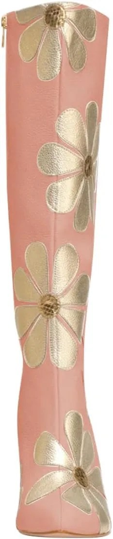 FSJ Women Bridal Knee High Boots Pointed Toe Chunky High Heel Side Zipper Cute Daisy Flowers Heeled Tall Boot Versatile Date Shoes Size 4-16 US