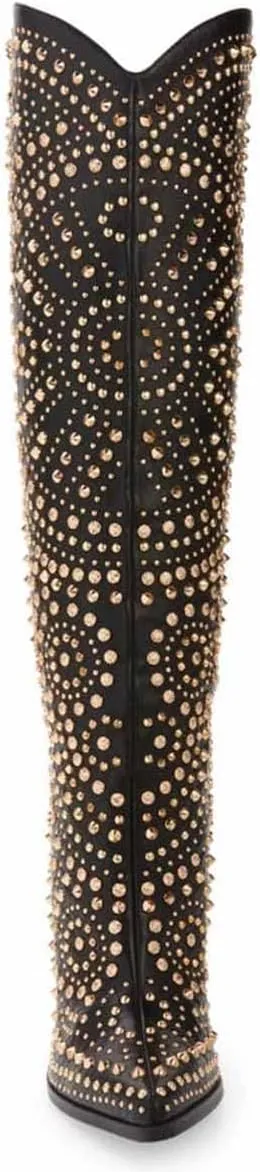 FSJ Women Cowboy Boots Pointed Toe Studded Rivets Knee High Boots Block Heels Western Wedding Date Travel Dress Shoes Size 4-16 US