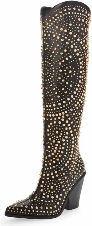 FSJ Women Cowboy Boots Pointed Toe Studded Rivets Knee High Boots Block Heels Western Wedding Date Travel Dress Shoes Size 4-16 US