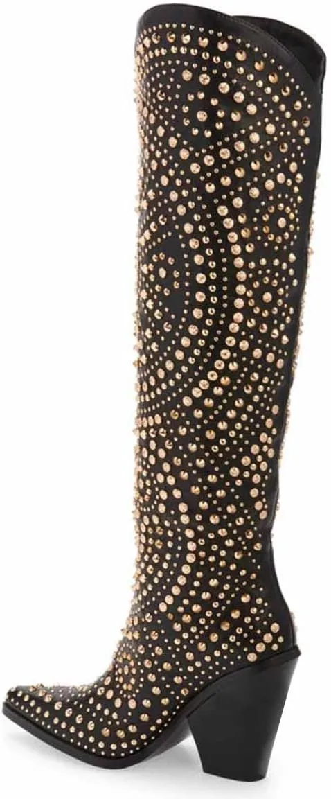 FSJ Women Cowboy Boots Pointed Toe Studded Rivets Knee High Boots Block Heels Western Wedding Date Travel Dress Shoes Size 4-16 US