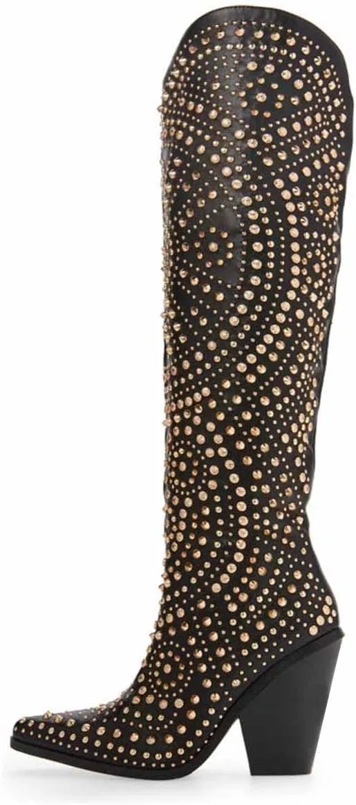 FSJ Women Cowboy Boots Pointed Toe Studded Rivets Knee High Boots Block Heels Western Wedding Date Travel Dress Shoes Size 4-16 US