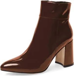 FSJ Women Pointed Toe Block High Heel Ankle Boots Glossy Patent Leather Party Dress Booties Size 4-15 US