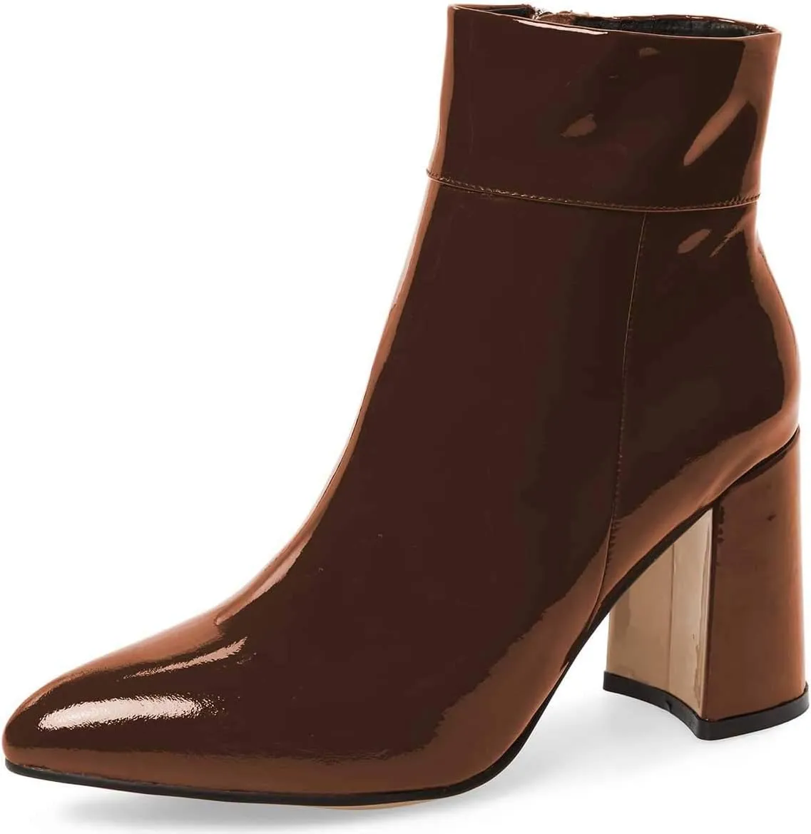 FSJ Women Pointed Toe Block High Heel Ankle Boots Glossy Patent Leather Party Dress Booties Size 4-15 US