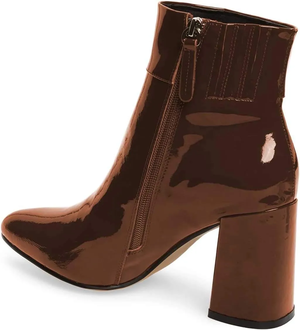 FSJ Women Pointed Toe Block High Heel Ankle Boots Glossy Patent Leather Party Dress Booties Size 4-15 US