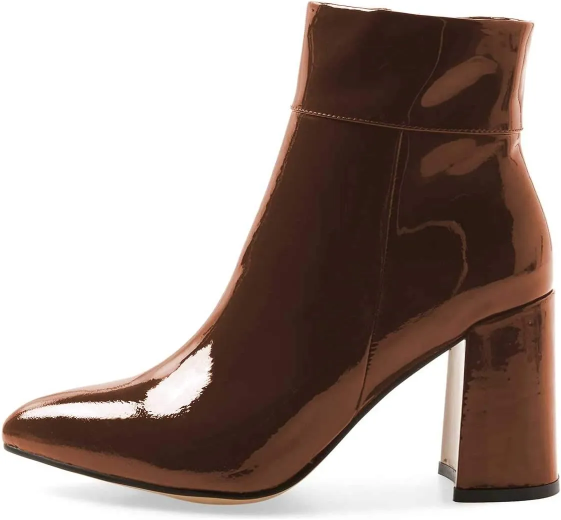 FSJ Women Pointed Toe Block High Heel Ankle Boots Glossy Patent Leather Party Dress Booties Size 4-15 US
