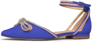 FSJ Women Pointed Toe Comfort Low Heel D'Orsay Casual Ballet Flats Rhinestones Bowknot Chain Ankle Strap Buckle Office Lace Up Dress Wedding Shoes Size 4-15 US