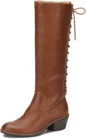 FSJ Women Retro Knee High Combat Boots Stacked Block Heels Almond Toe Lace-up Zipper Party Winter Boots Shoe Size 4-15 US