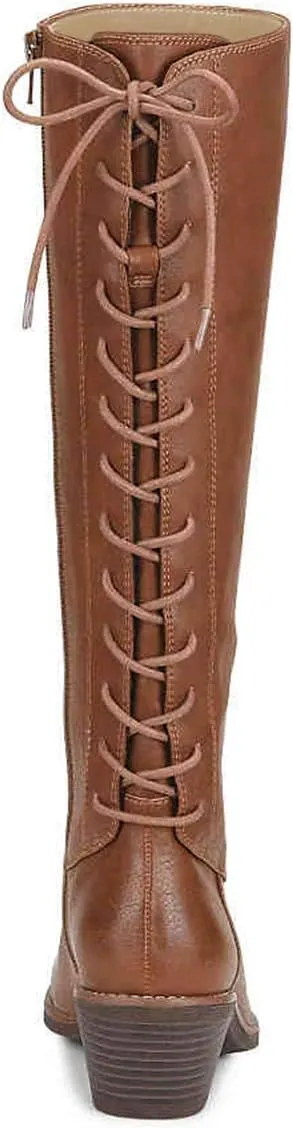 FSJ Women Retro Knee High Combat Boots Stacked Block Heels Almond Toe Lace-up Zipper Party Winter Boots Shoe Size 4-15 US
