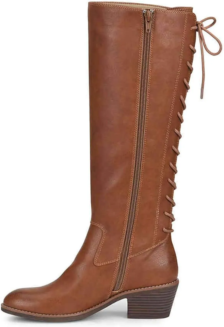 FSJ Women Retro Knee High Combat Boots Stacked Block Heels Almond Toe Lace-up Zipper Party Winter Boots Shoe Size 4-15 US