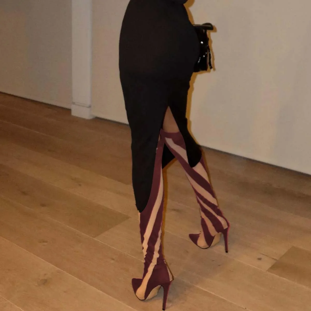 FSJ Women Sexy Pointed Toe Thigh High Boots Ladies Elastic Mesh Multicolor Over the Knee Boots Stretch Stiletto High Heel Long Nightclub Party Dress Shoes Size 4-16 US