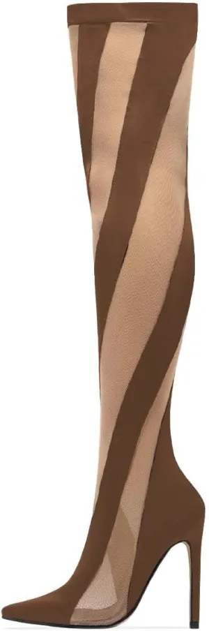 FSJ Women Sexy Pointed Toe Thigh High Boots Ladies Elastic Mesh Multicolor Over the Knee Boots Stretch Stiletto High Heel Long Nightclub Party Dress Shoes Size 4-16 US