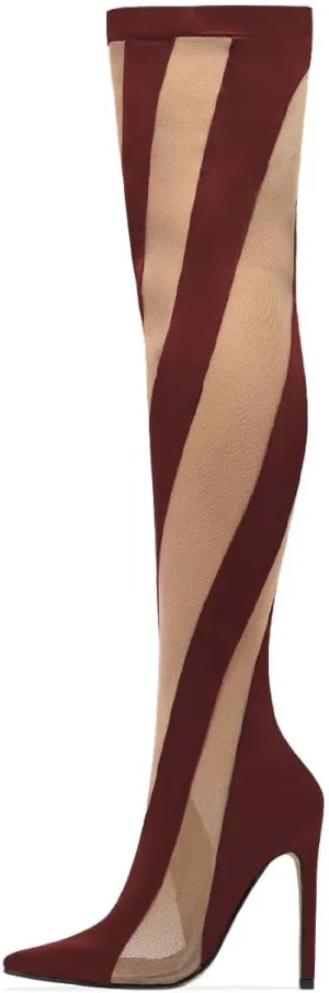 FSJ Women Sexy Pointed Toe Thigh High Boots Ladies Elastic Mesh Multicolor Over the Knee Boots Stretch Stiletto High Heel Long Nightclub Party Dress Shoes Size 4-16 US