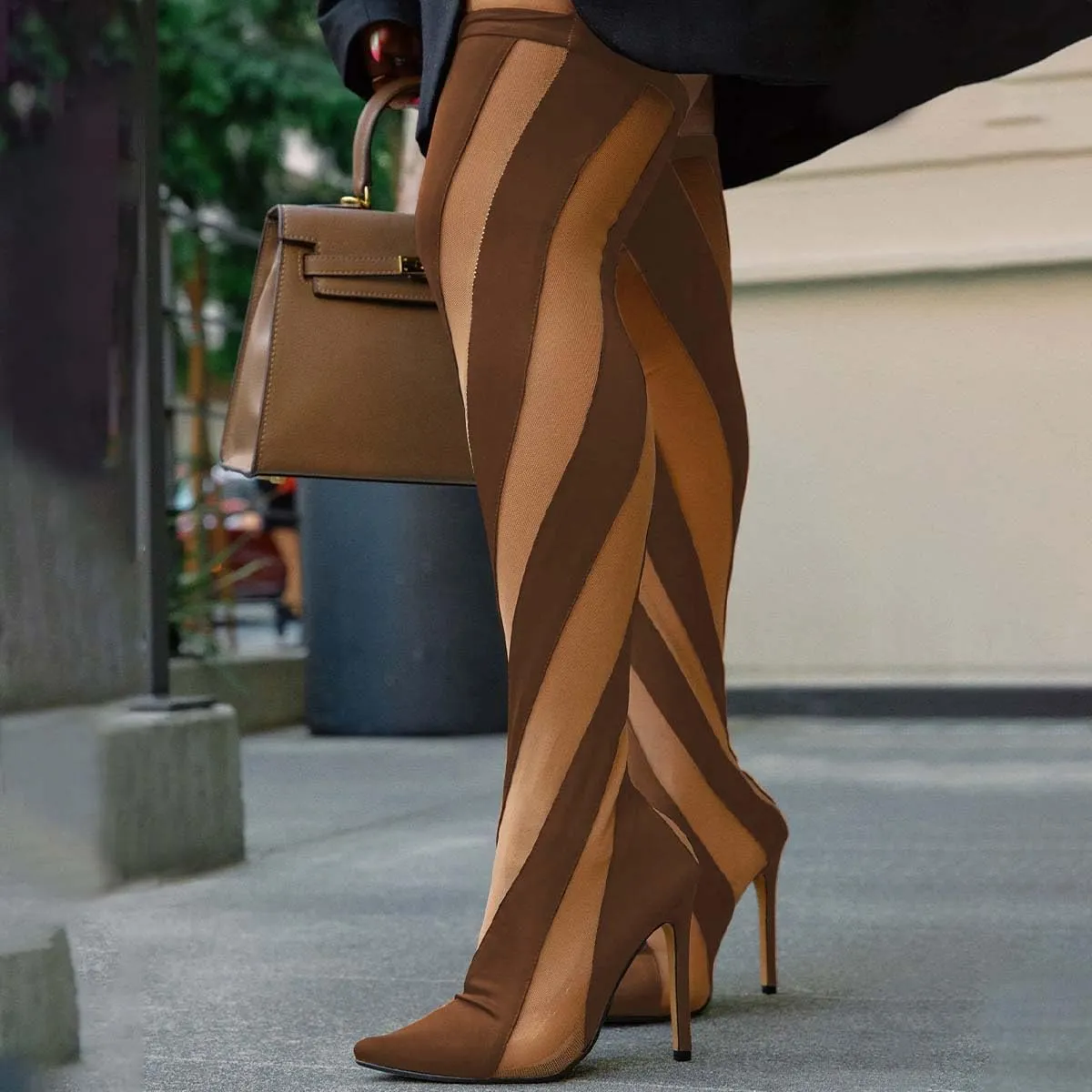 FSJ Women Sexy Pointed Toe Thigh High Boots Ladies Elastic Mesh Multicolor Over the Knee Boots Stretch Stiletto High Heel Long Nightclub Party Dress Shoes Size 4-16 US