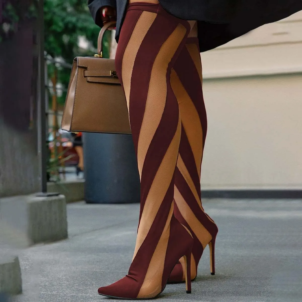 FSJ Women Sexy Pointed Toe Thigh High Boots Ladies Elastic Mesh Multicolor Over the Knee Boots Stretch Stiletto High Heel Long Nightclub Party Dress Shoes Size 4-16 US