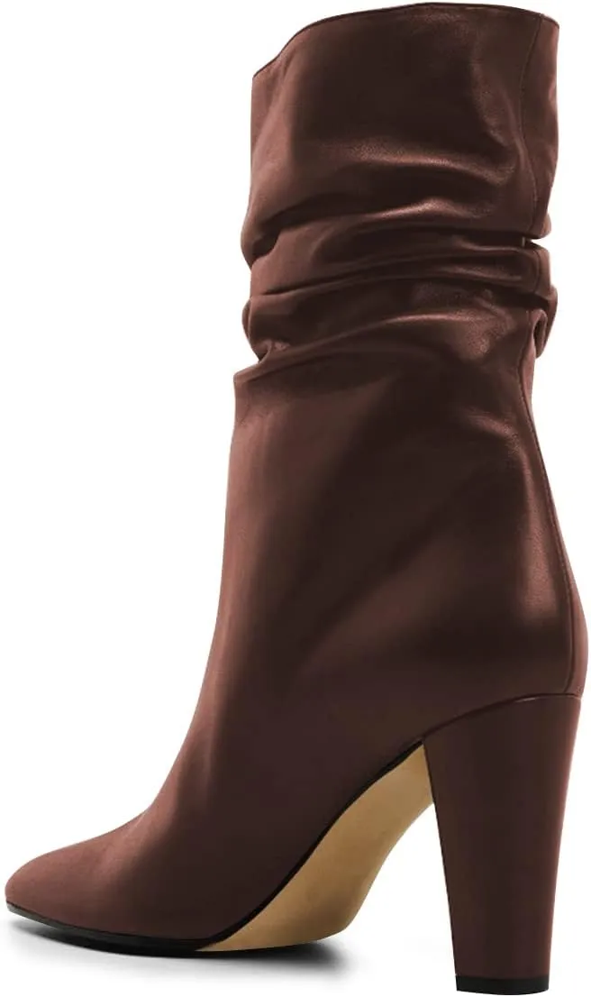 FSJ Women Slouchy Mid Calf Boots Pointed Toe Chunky High Heel Classic Ankle Bootie Stretchy Leather Slip On Winter Wide Riding Boots Size 4-15 US