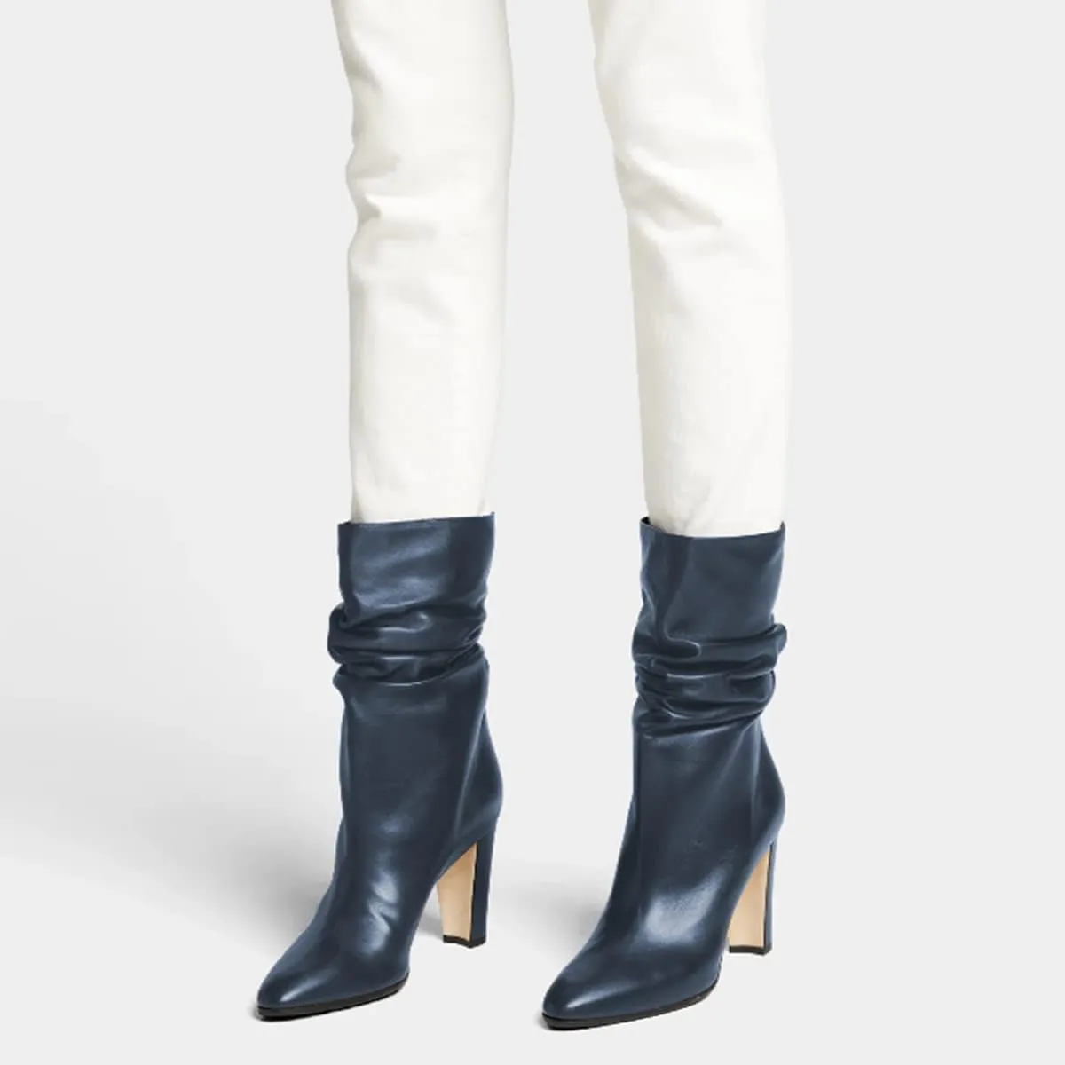 FSJ Women Slouchy Mid Calf Boots Pointed Toe Chunky High Heel Classic Ankle Bootie Stretchy Leather Slip On Winter Wide Riding Boots Size 4-15 US