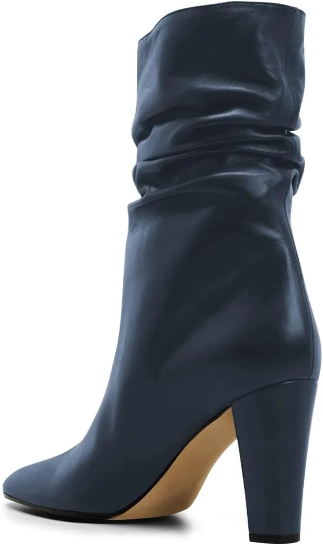 FSJ Women Slouchy Mid Calf Boots Pointed Toe Chunky High Heel Classic Ankle Bootie Stretchy Leather Slip On Winter Wide Riding Boots Size 4-15 US