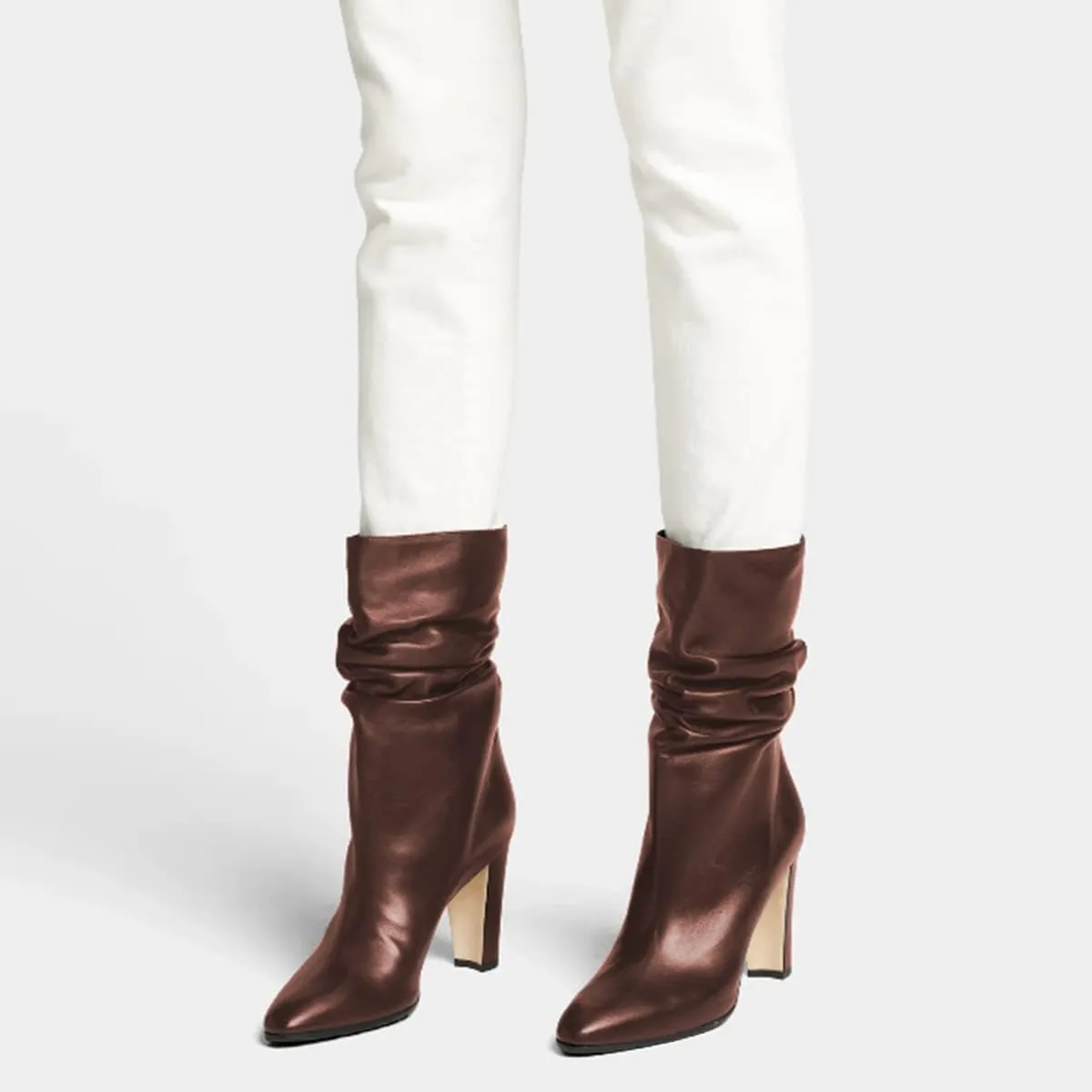 FSJ Women Slouchy Mid Calf Boots Pointed Toe Chunky High Heel Classic Ankle Bootie Stretchy Leather Slip On Winter Wide Riding Boots Size 4-15 US