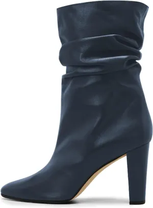 FSJ Women Slouchy Mid Calf Boots Pointed Toe Chunky High Heel Classic Ankle Bootie Stretchy Leather Slip On Winter Wide Riding Boots Size 4-15 US