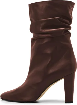 FSJ Women Slouchy Mid Calf Boots Pointed Toe Chunky High Heel Classic Ankle Bootie Stretchy Leather Slip On Winter Wide Riding Boots Size 4-15 US