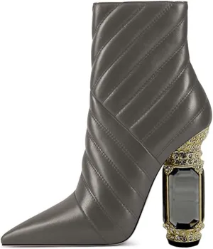 FSJ Women Sparkly Crystal Block High Heel Pointed Toe Ankle Boot Side Zipper Wedding Party Banquet Dress Shoes Size 4-15 US