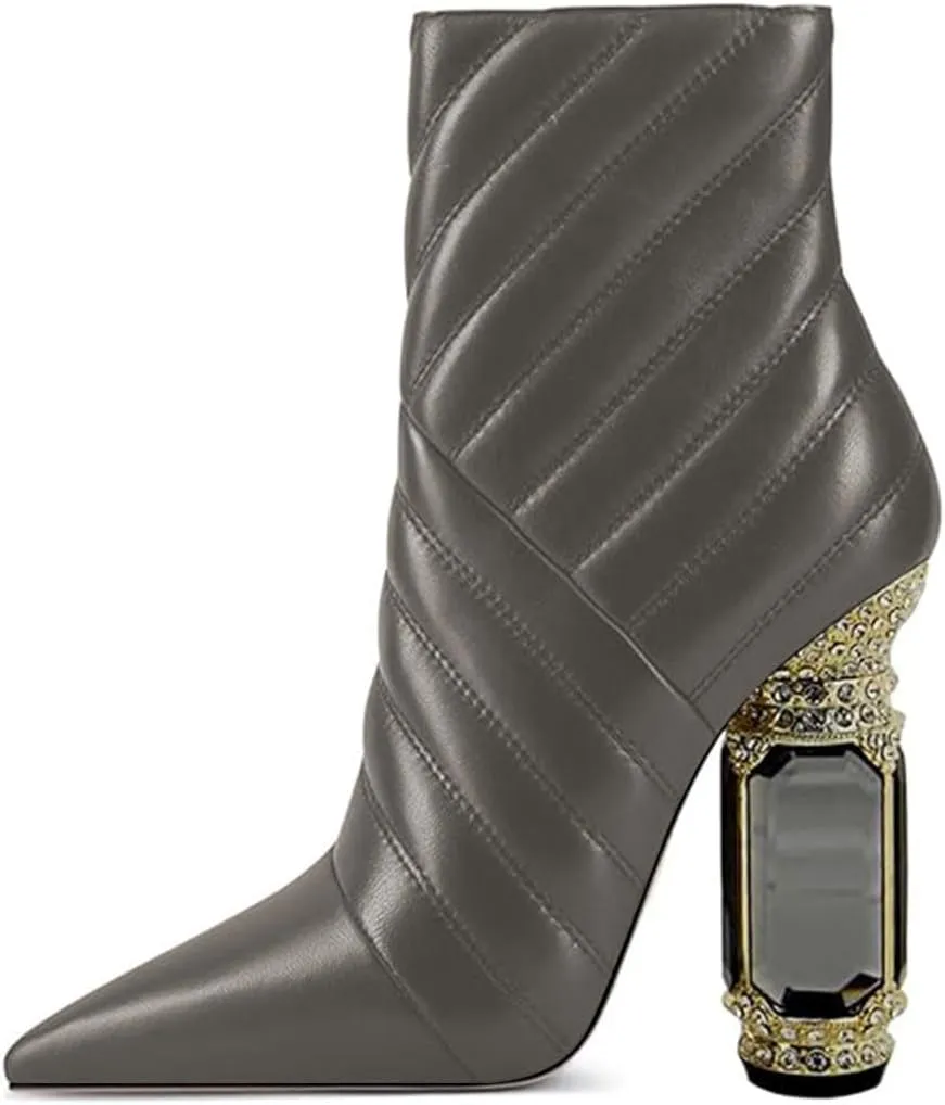 FSJ Women Sparkly Crystal Block High Heel Pointed Toe Ankle Boot Side Zipper Wedding Party Banquet Dress Shoes Size 4-15 US