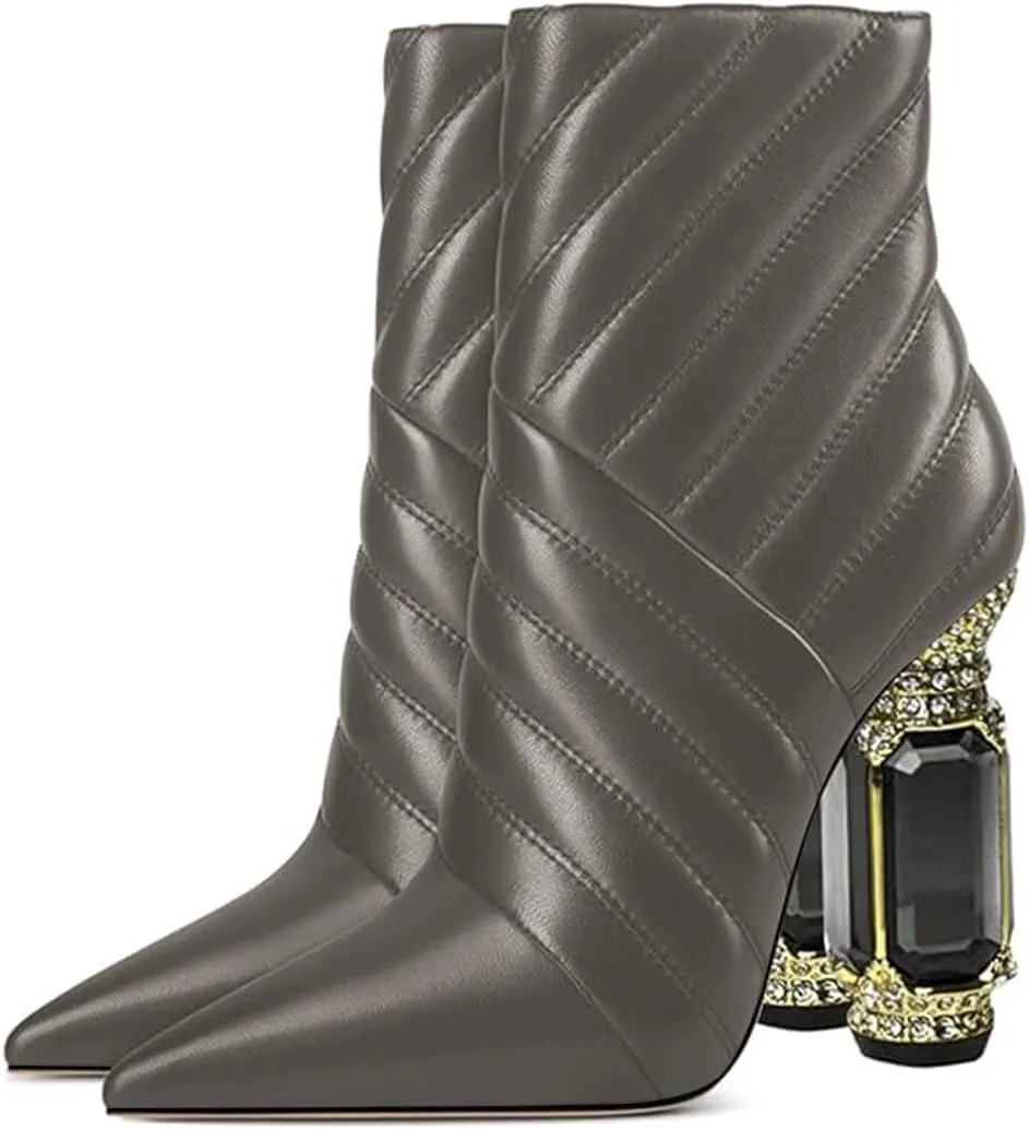 FSJ Women Sparkly Crystal Block High Heel Pointed Toe Ankle Boot Side Zipper Wedding Party Banquet Dress Shoes Size 4-15 US