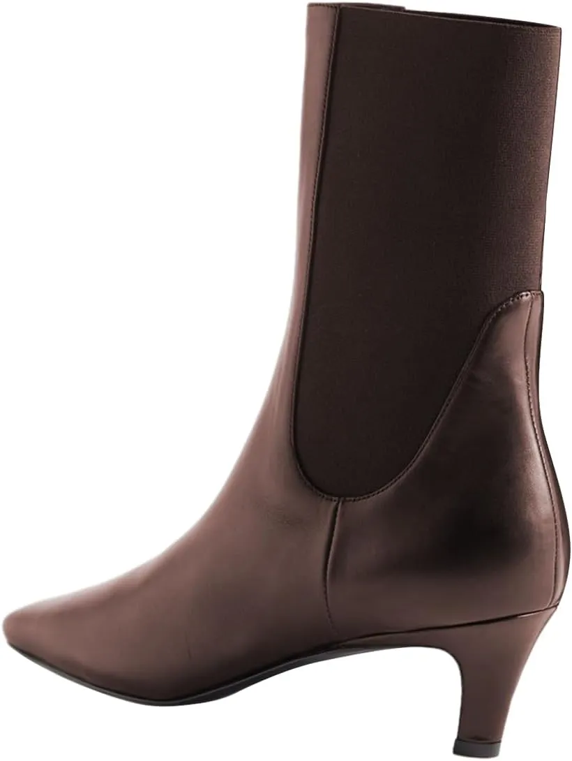 FSJ Women Square Toe Ankle Boot Kitten Low Heel Slip On Western Elastic Chelsea Bootie Vegan Leather Walking Dress Shoes Size 4-16 US