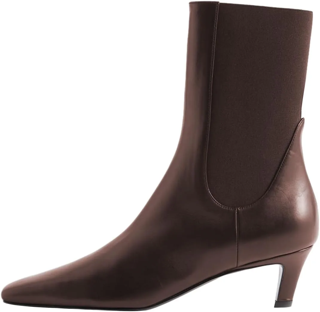 FSJ Women Square Toe Ankle Boot Kitten Low Heel Slip On Western Elastic Chelsea Bootie Vegan Leather Walking Dress Shoes Size 4-16 US