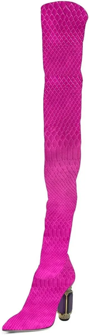 FSJ Women Winter Over The Knee Boots Crystal Chunky High Heel Stretch Thigh High Fashion Zipper Long Boots Warm Shoes Size 4-15 US