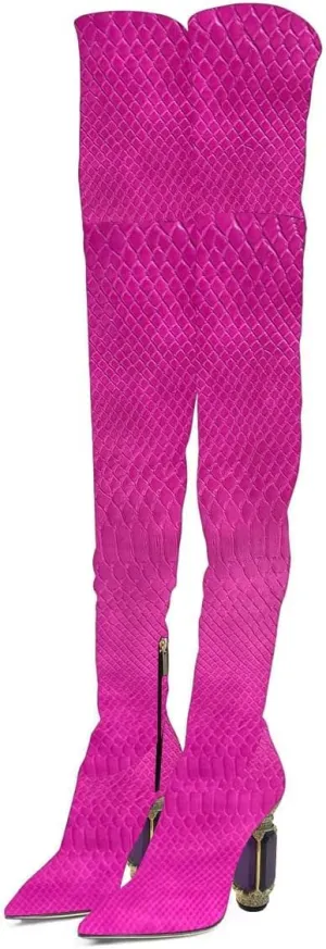 FSJ Women Winter Over The Knee Boots Crystal Chunky High Heel Stretch Thigh High Fashion Zipper Long Boots Warm Shoes Size 4-15 US