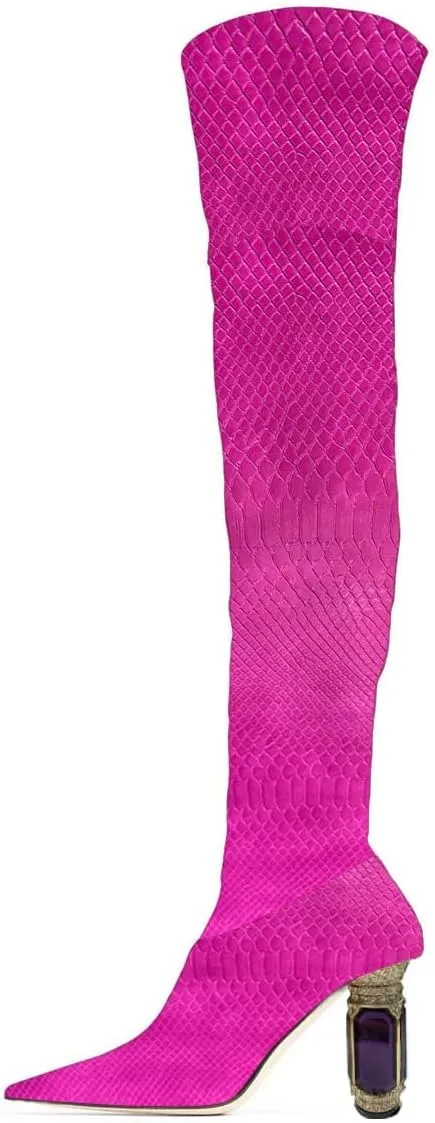 FSJ Women Winter Over The Knee Boots Crystal Chunky High Heel Stretch Thigh High Fashion Zipper Long Boots Warm Shoes Size 4-15 US