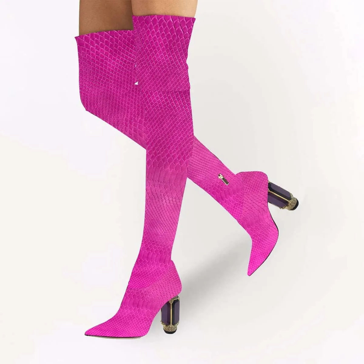 FSJ Women Winter Over The Knee Boots Crystal Chunky High Heel Stretch Thigh High Fashion Zipper Long Boots Warm Shoes Size 4-15 US