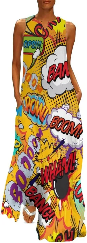 Fun Retro Comic Book Pop Art Explosions Women Dresses Front Zipper Party Dress Sleeveless Swing Casual Work Dress