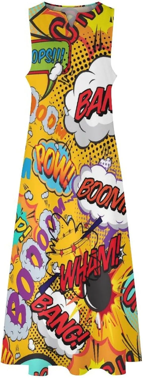 Fun Retro Comic Book Pop Art Explosions Women Dresses Front Zipper Party Dress Sleeveless Swing Casual Work Dress