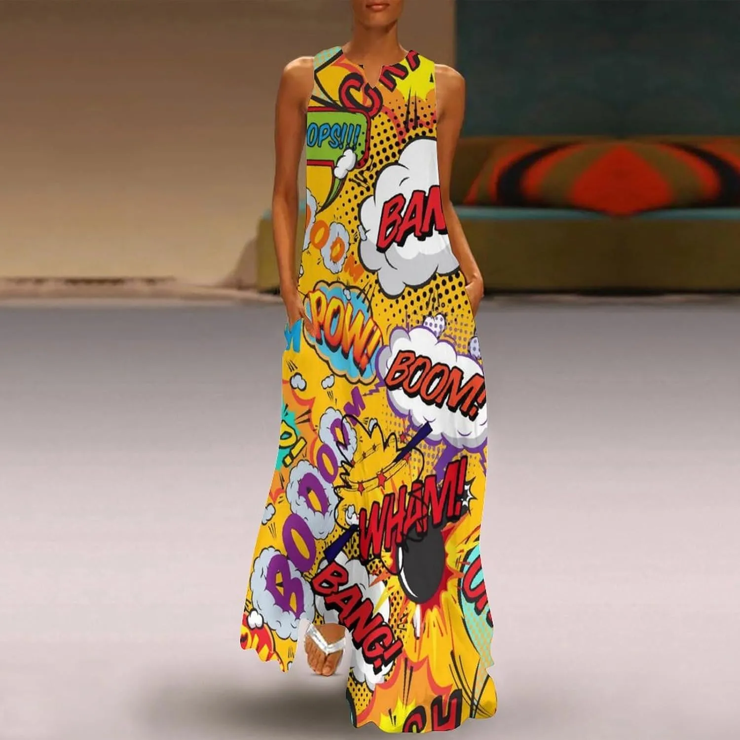 Fun Retro Comic Book Pop Art Explosions Women Dresses Front Zipper Party Dress Sleeveless Swing Casual Work Dress