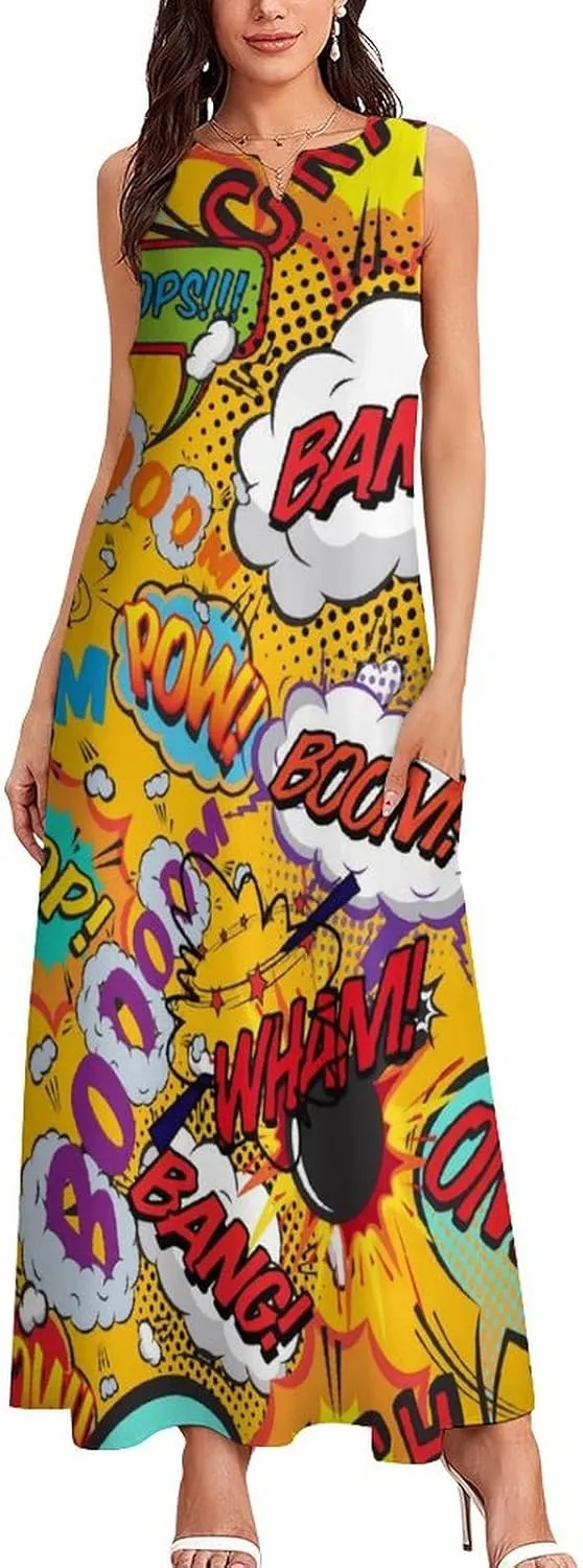 Fun Retro Comic Book Pop Art Explosions Women Dresses Front Zipper Party Dress Sleeveless Swing Casual Work Dress