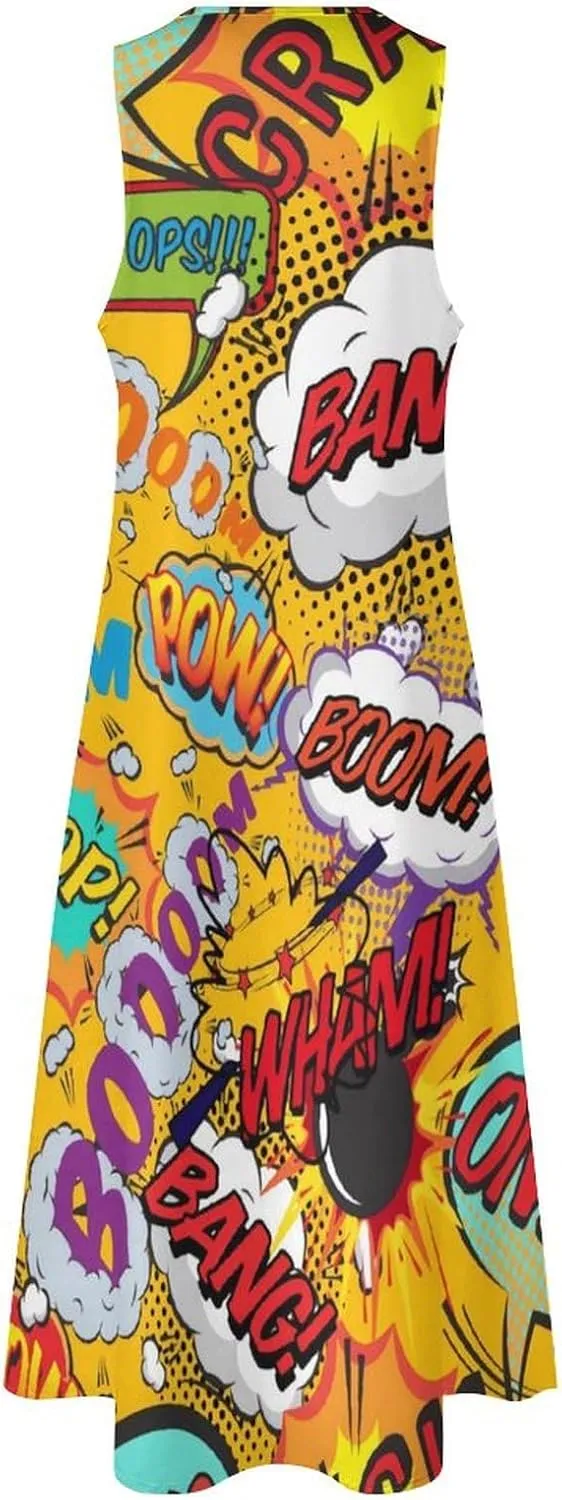 Fun Retro Comic Book Pop Art Explosions Women Dresses Front Zipper Party Dress Sleeveless Swing Casual Work Dress