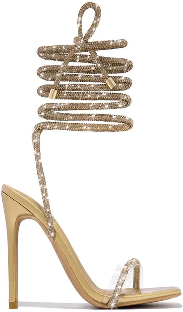 GATUXUS Sexy Women's Stilettos High Heel Gladiator Strappy Sandals Square Toe Lace Up Dressy Pumps Shoes