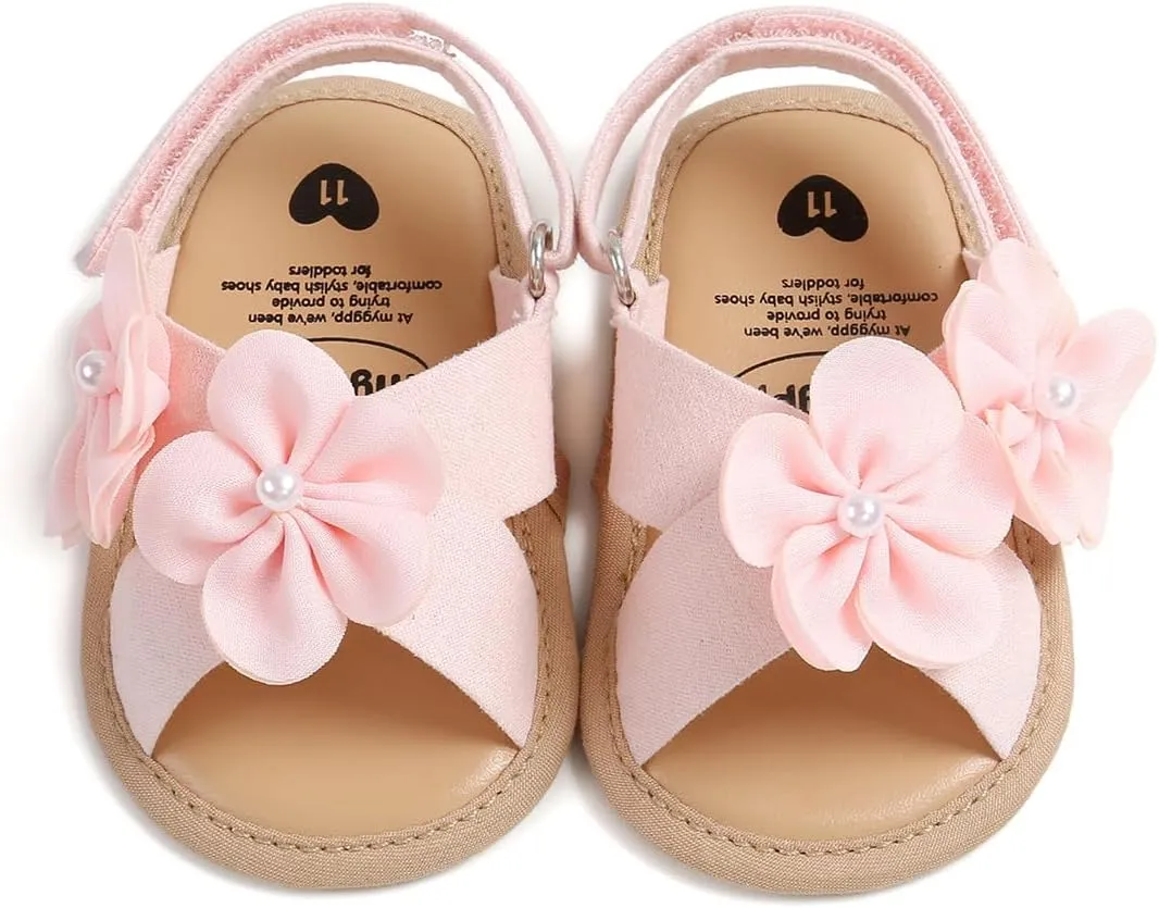 GDSDYM Infant Baby Girls Summer Sandals with Flower Bowknot Soft Sole Wedding Dress Flats Newborn First Walkers Crib Dress Shoes